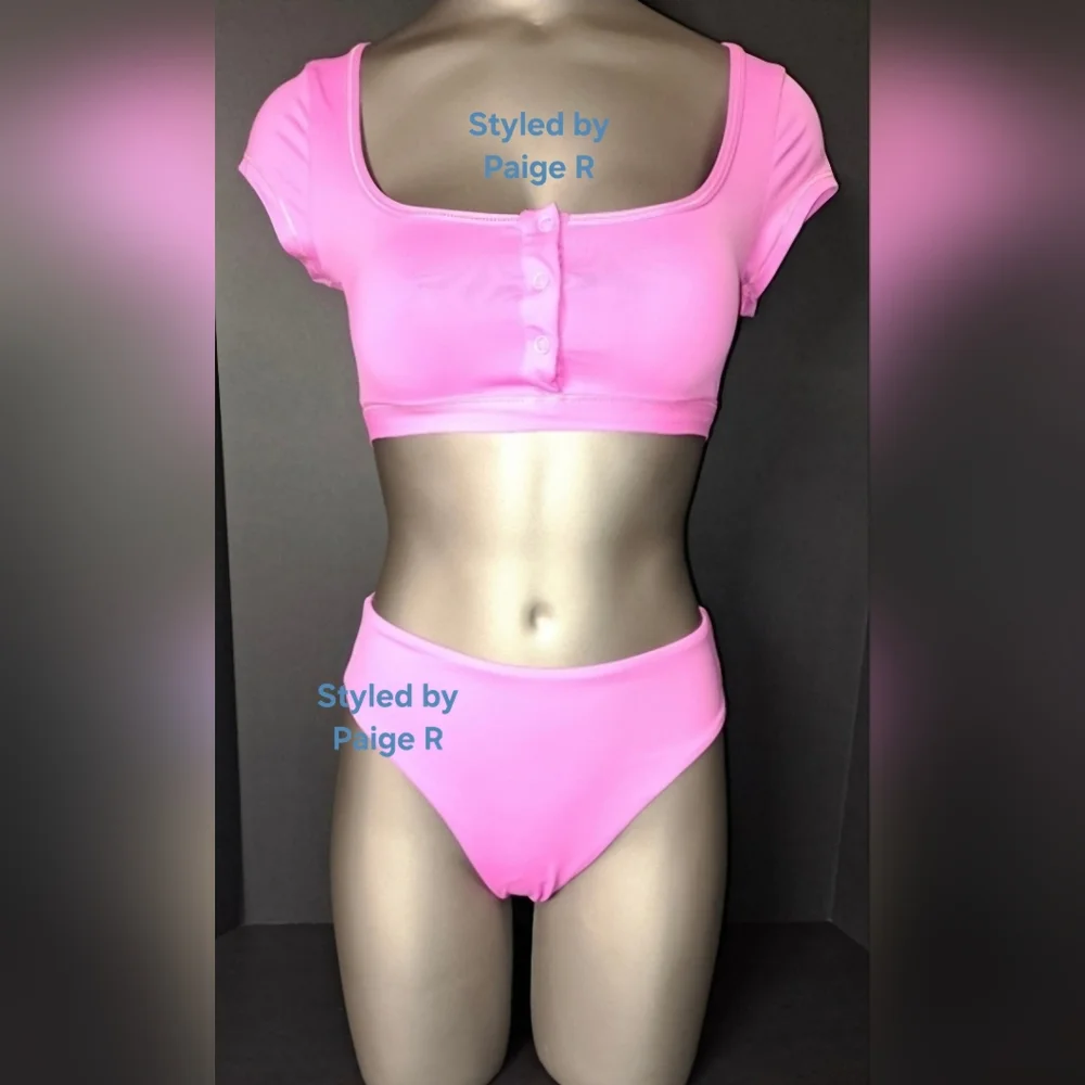 ❤️SKIMS Cropped T-shirt Top Mid Waist Bottoms Bikini Swimsuit Pink NEON ORCHID S